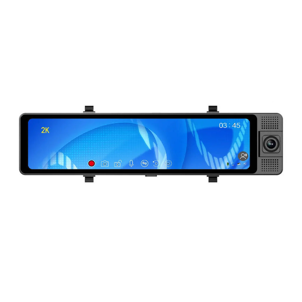 12-inch car rearview mirror dash cam with touch screen showing reversing camera image.