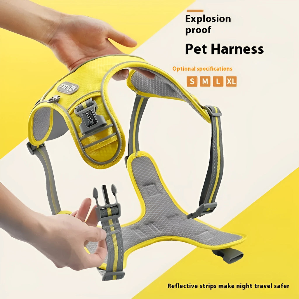 Nylon reflective pet harness with traction strap in yellow, multiple sizes available