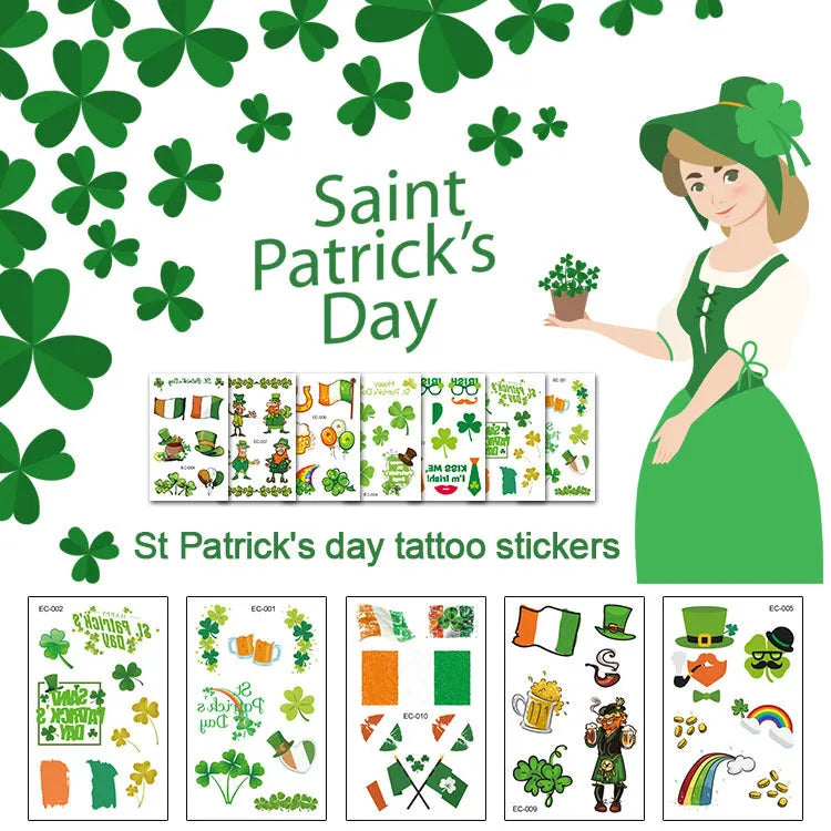 St Patrick's Day clover design temporary tattoo sticker for children measuring 120 by 75 millimetres.