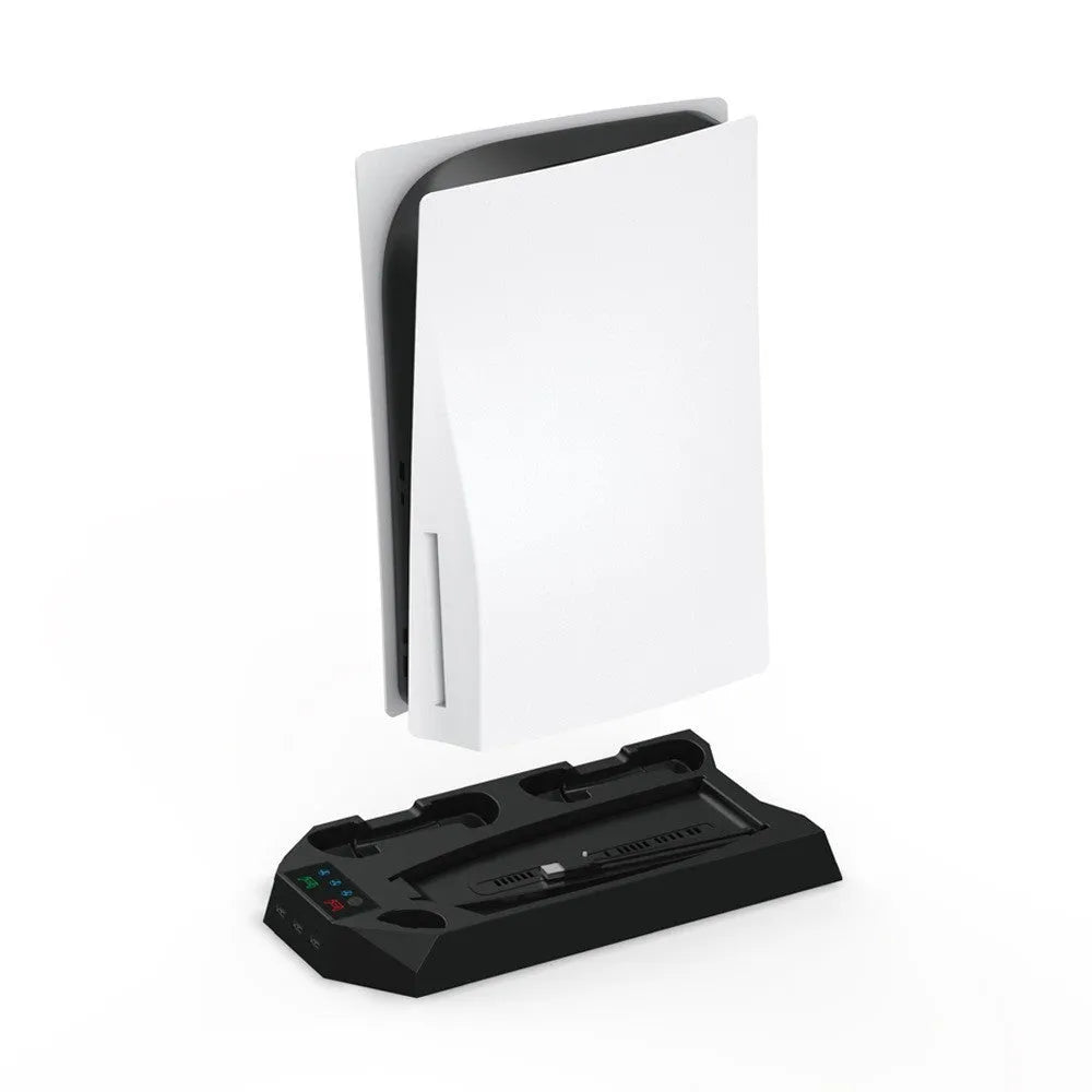 PS5 charging station with integrated cooling radiator in black colour showing controller charging ports