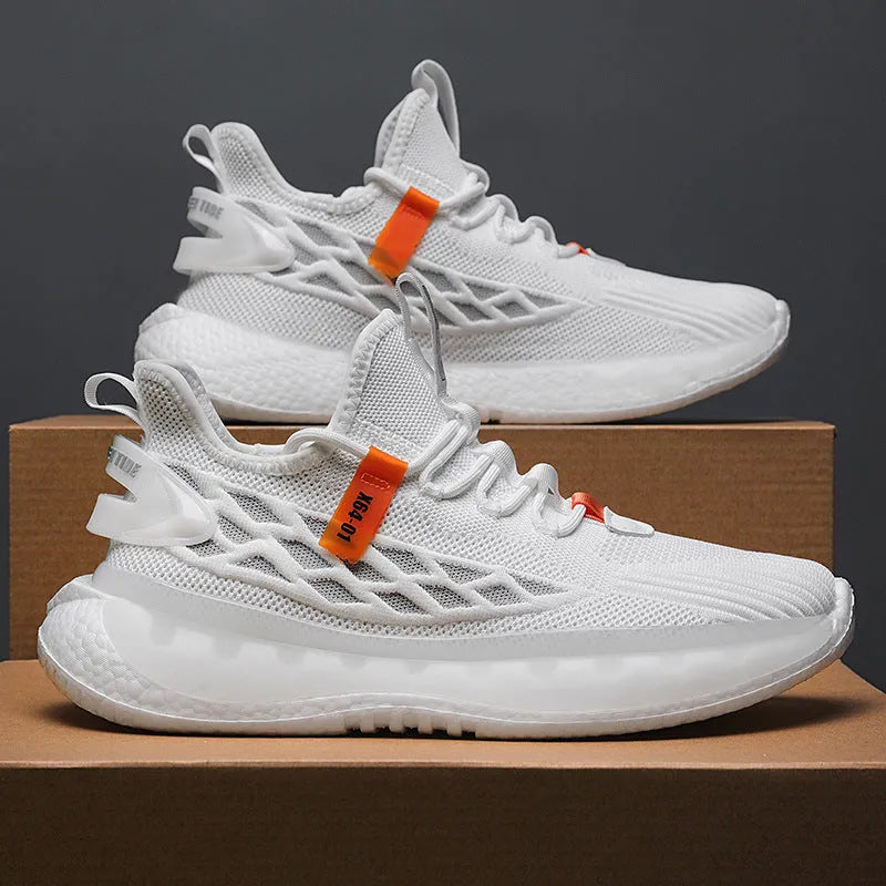 Men's white mesh platform sneakers with flat rubber soles and front lace-up closure