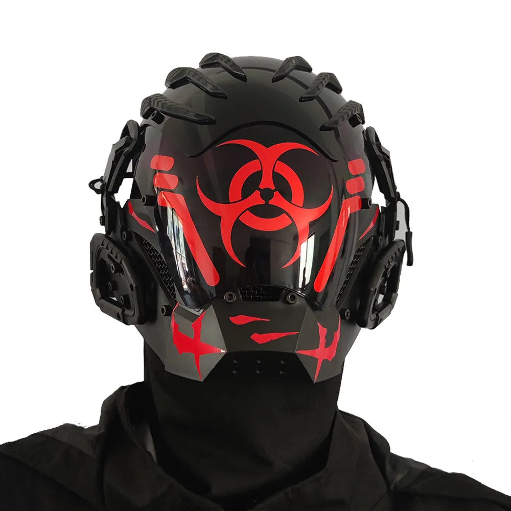 Black full face plastic prop mask helmet with a bioweapon-inspired cyberpunk design.