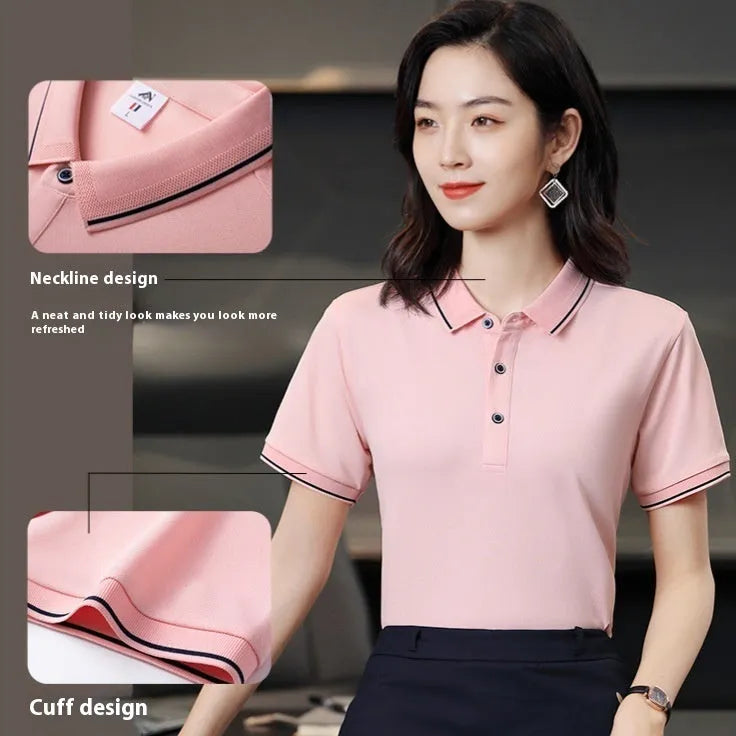 Beautician short-sleeved polo shirt work uniform with asymmetric colour block design in cool silk cotton fabric.