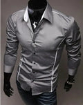 Men's cotton slim fit long sleeve casual shirt in black, side view on model