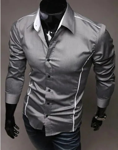 Men's cotton slim fit long sleeve casual shirt in black, side view on model