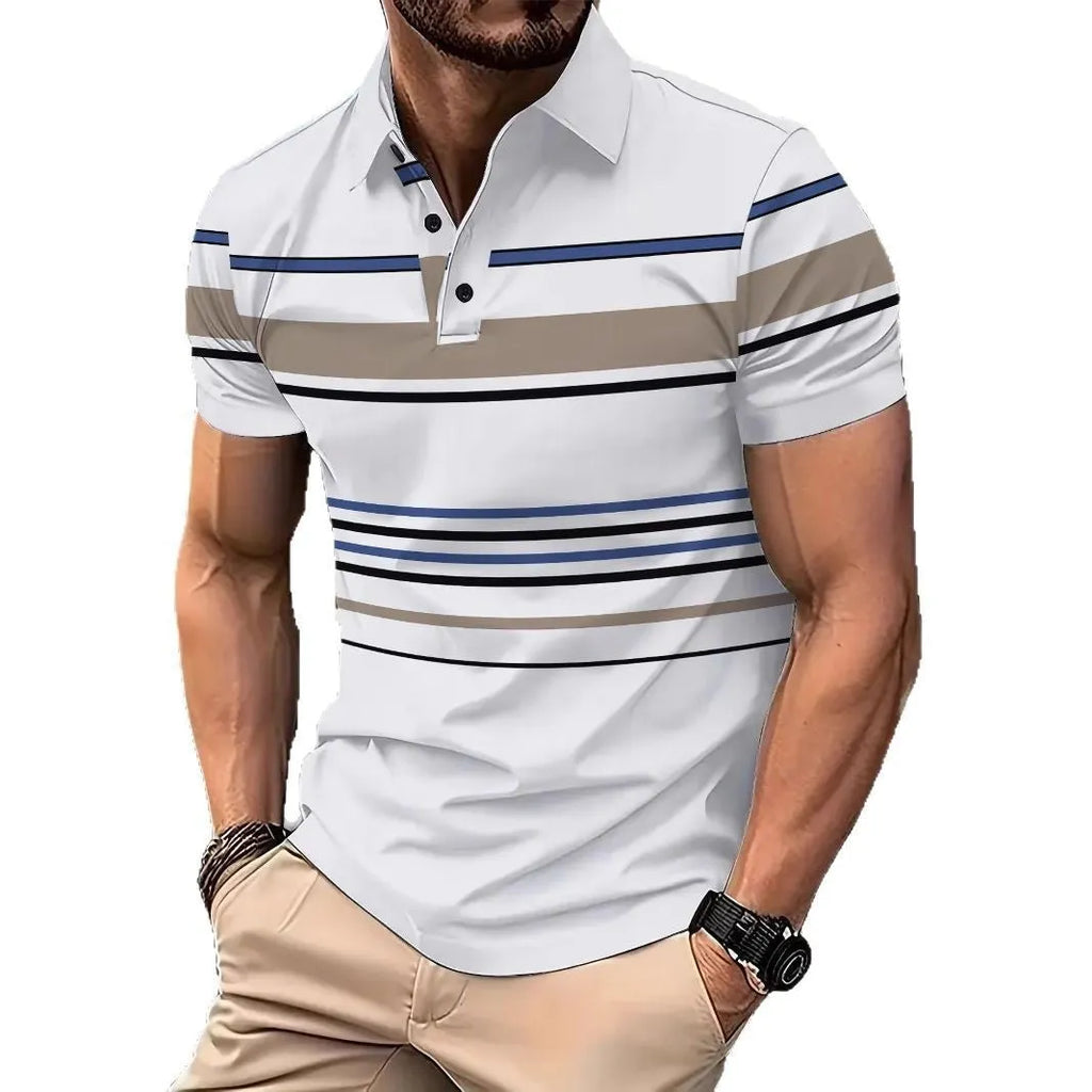 Men's white striped short sleeve t-shirt on a hanger