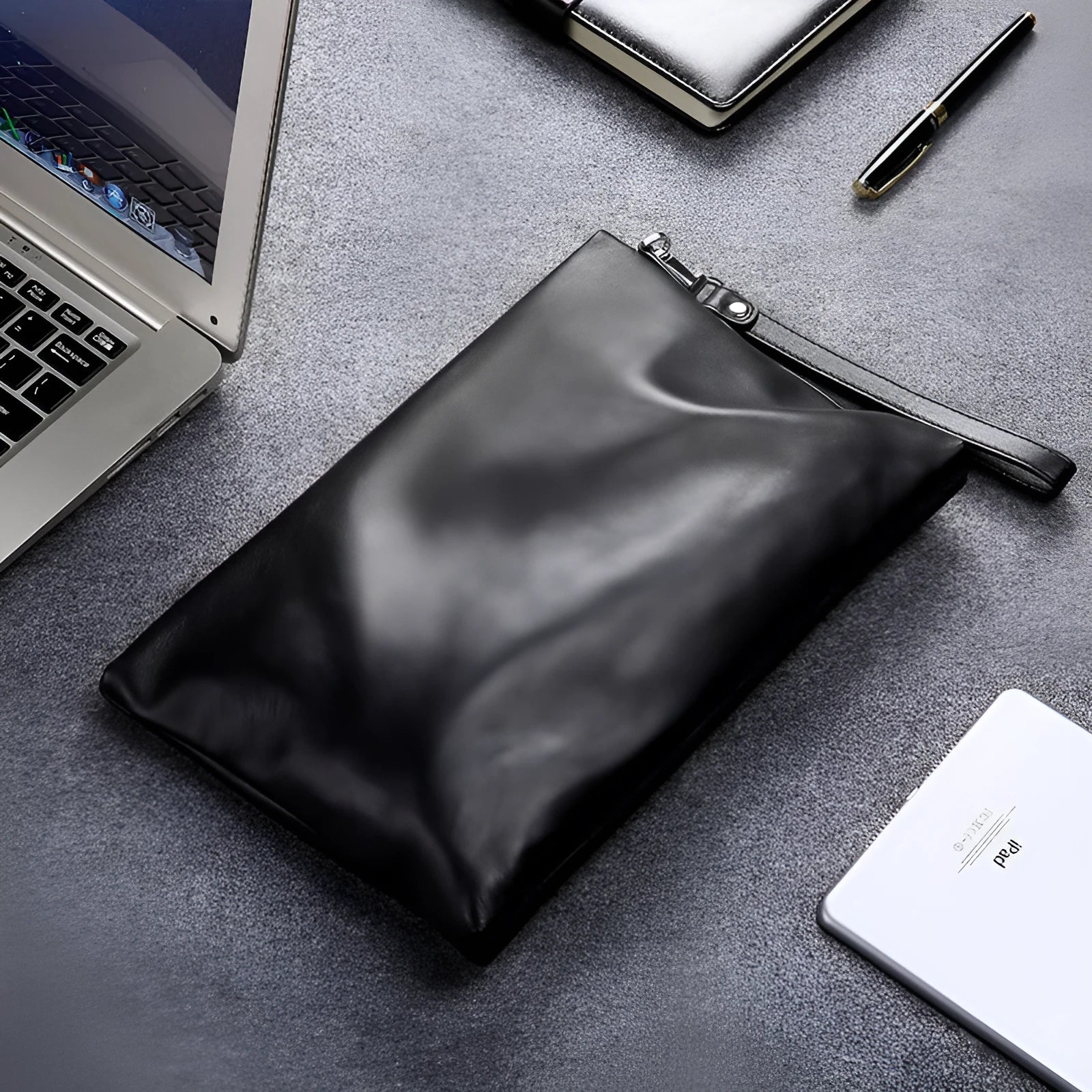 Men's genuine leather casual clutch bag in solid colour, multiple size options for business commute