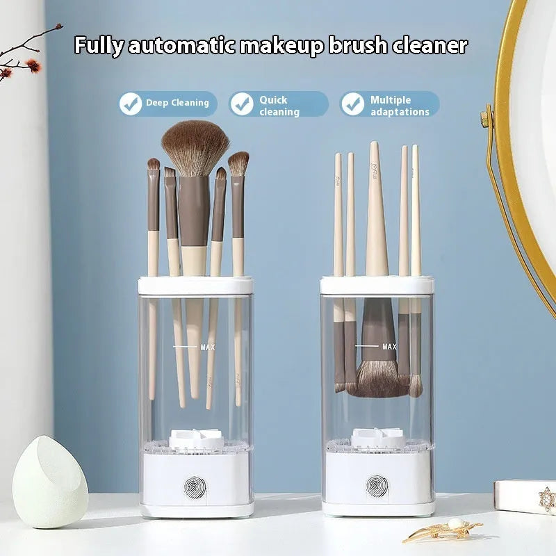 USB rechargeable electric makeup brush cleaner with 8000 RPM motor, storage box, and square cleaning cup in Elegant Grey