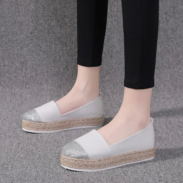 Plus size black and beige canvas slip-on shoes with round toe and cloth upper