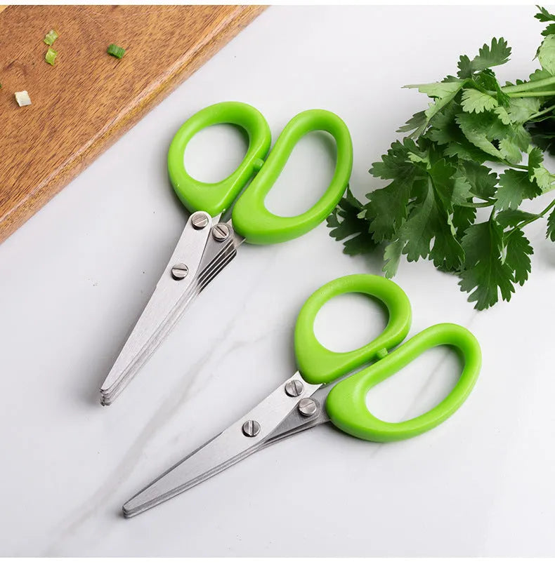 Green stainless steel multi-layer kitchen scissors for cutting onions, herbs and nori