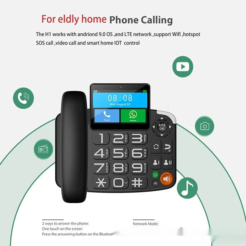 Black H1 Pro Android landline telephone with 4G dual card, touch screen and caller ID.