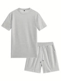 Men's apricot waffle texture short sleeve blouse and matching shorts laid flat
