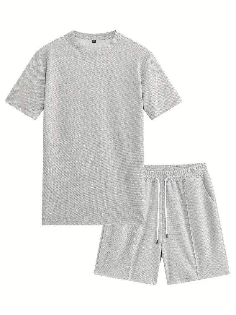 Men's apricot waffle texture short sleeve blouse and matching shorts laid flat