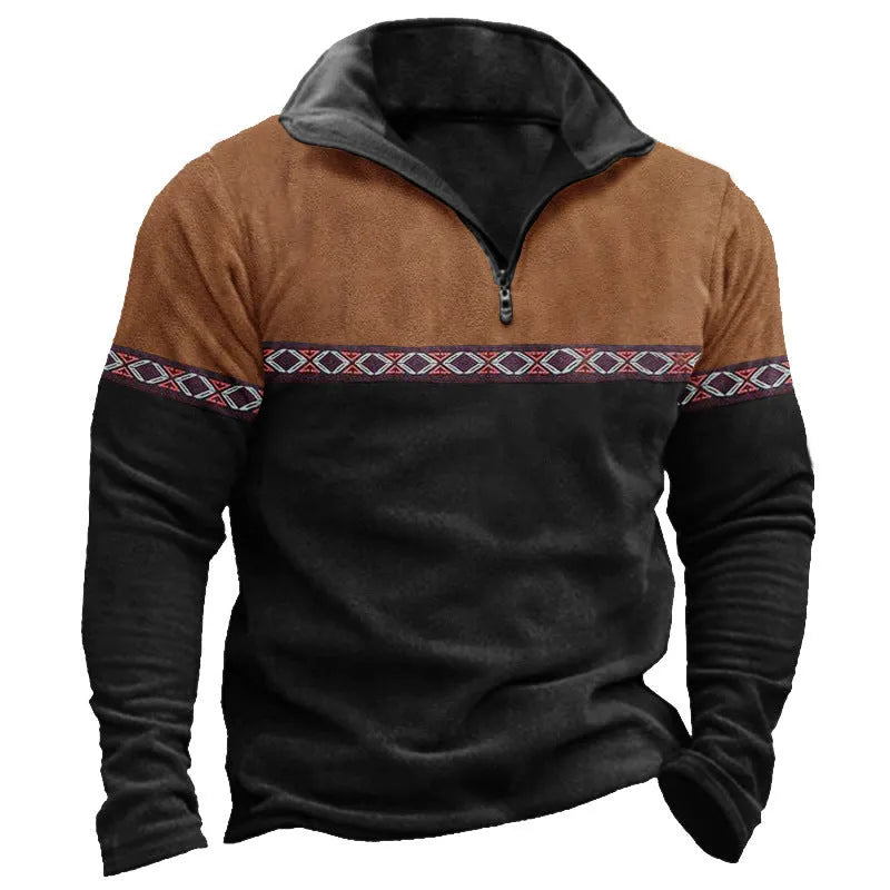 Men's retro patchwork zip-front polo sweater in cotton blend fabric