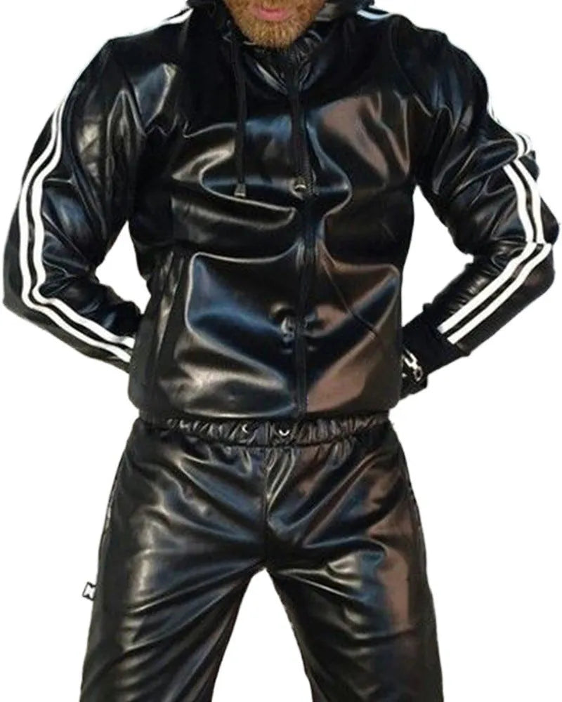Black men's hooded sports tracksuit set with PU leather jacket and matching trousers.