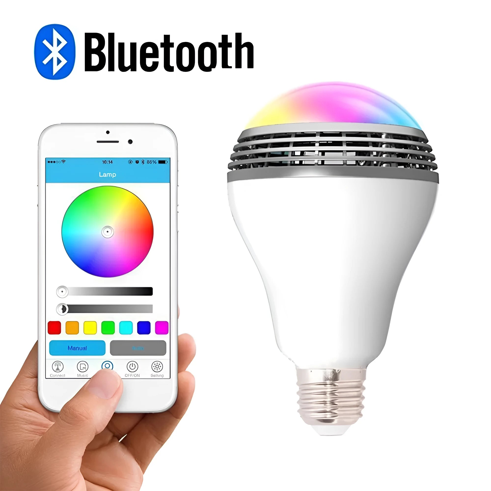 Creative Home LED Smart Bluetooth Speaker Bulb with E27 base and colour-changing light.