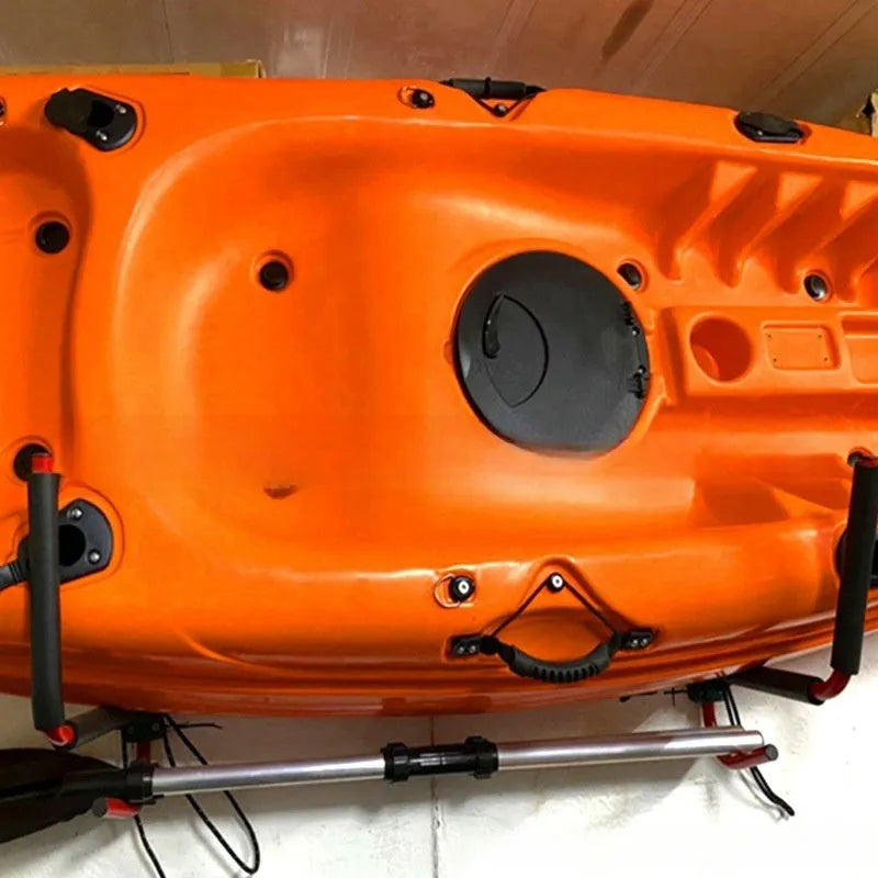Heavy-duty carbon steel kayak and surfboard wall hanger storage rack.