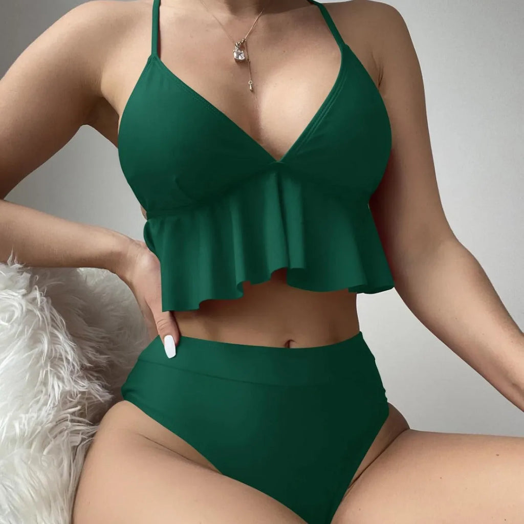 Women's solid colour split bikini swimsuit in black, army green, brick red, or blue