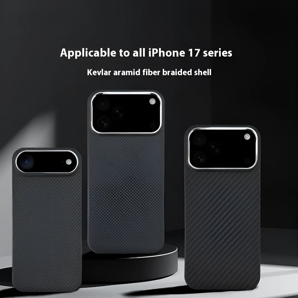 Black aramid fibre magnetic phone case for Apple iPhone 17 series with 6D micro relief texture