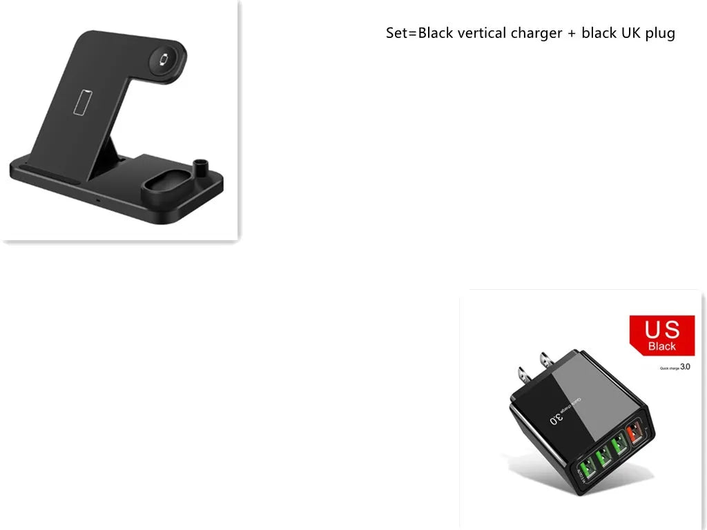 Black 4-in-1 wireless charging station with phone on adjustable magnetic stand, charging Apple Watch, AirPods, and Apple Pencil.