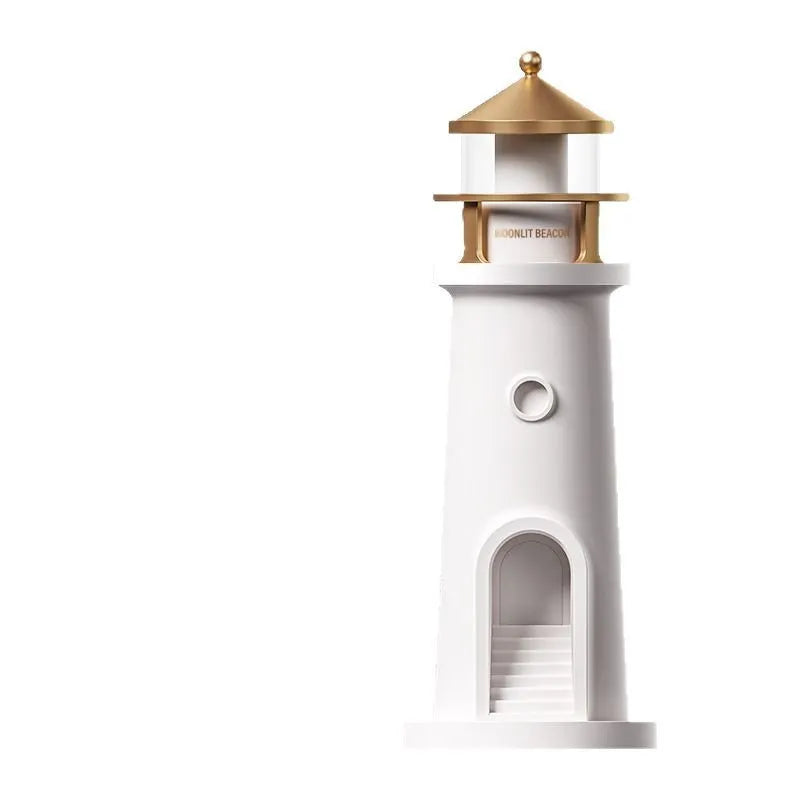Human body induction moonlight lighthouse table lamp with Bluetooth speaker, 2400mAh battery, geometric modern style on a bedside table
