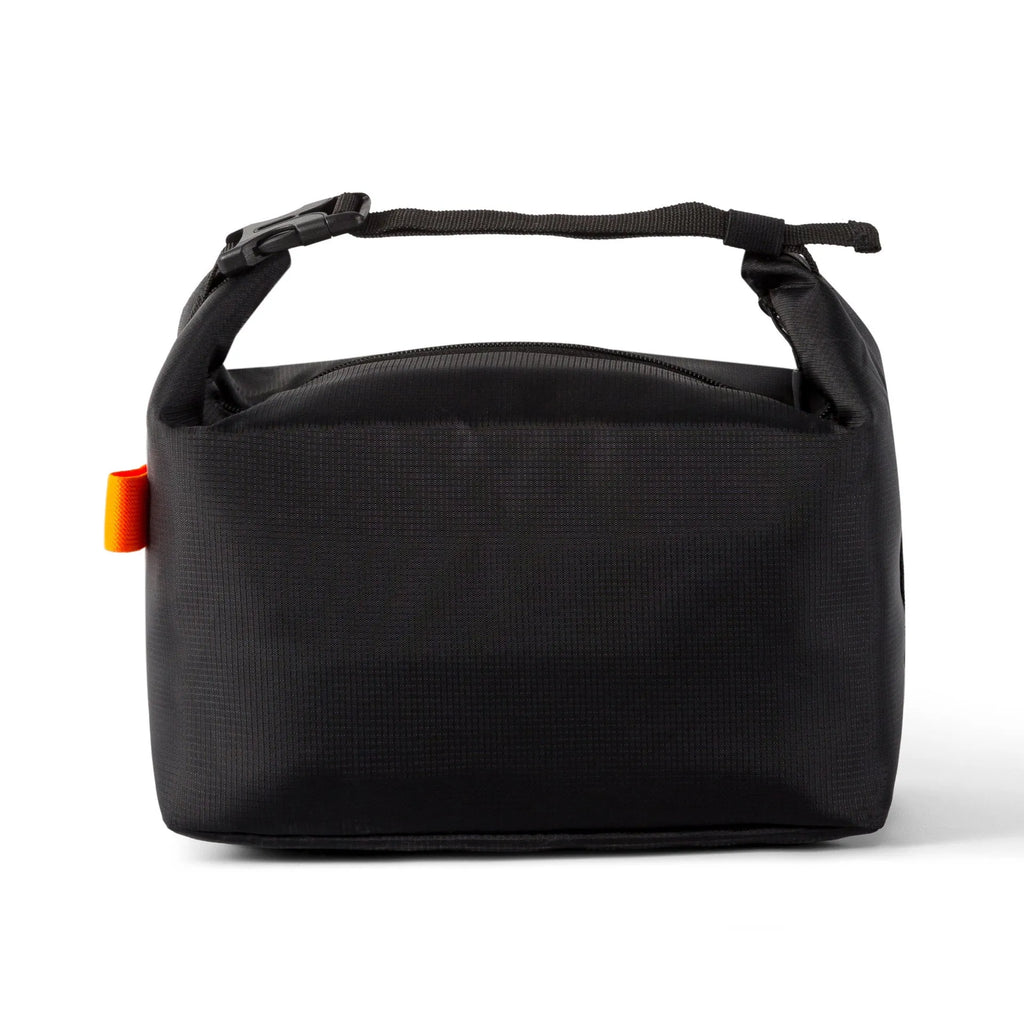 Japanese-style insulated lunch bag in Oxford cloth, shown open with a lunch box inside.