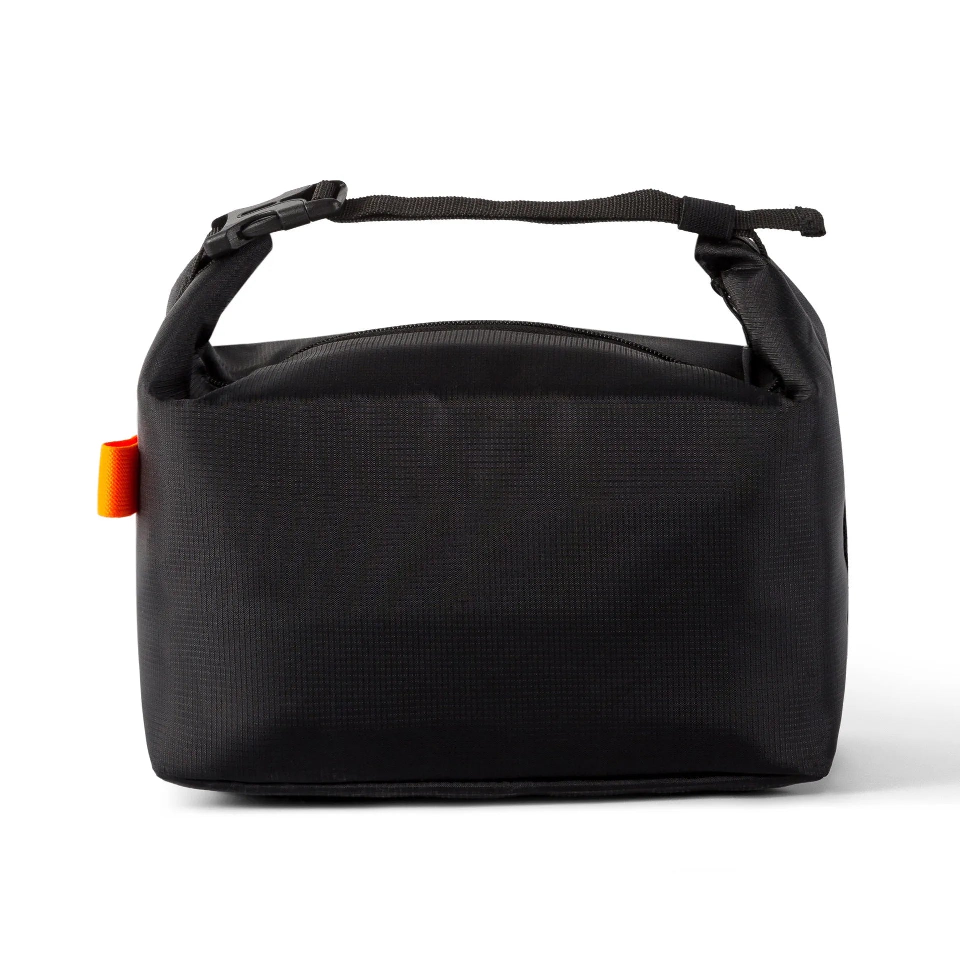 Japanese-style insulated lunch bag in Oxford cloth, shown open with a lunch box inside.
