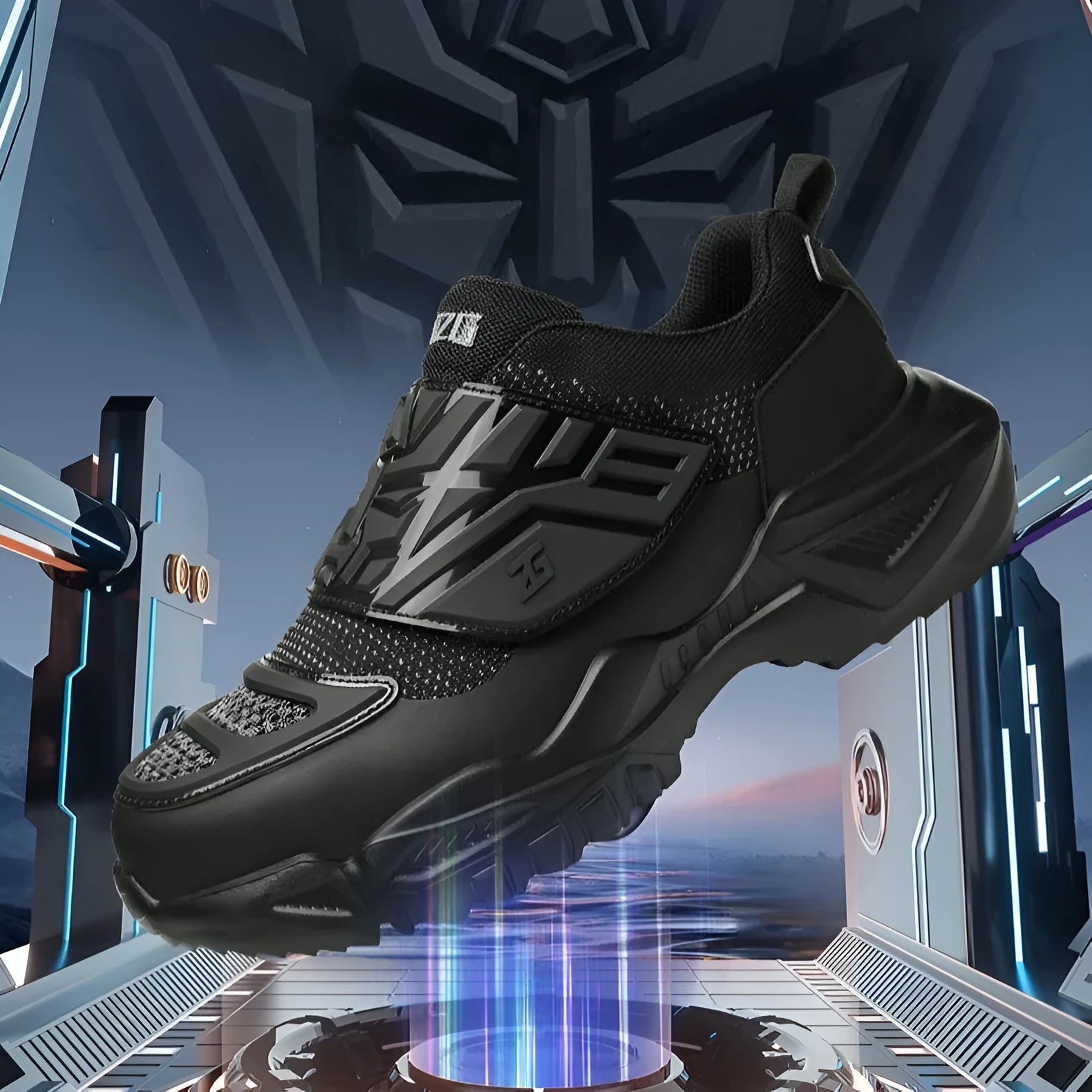 Black steel toe cap safety shoes with mesh fabric upper and felt buckle closure