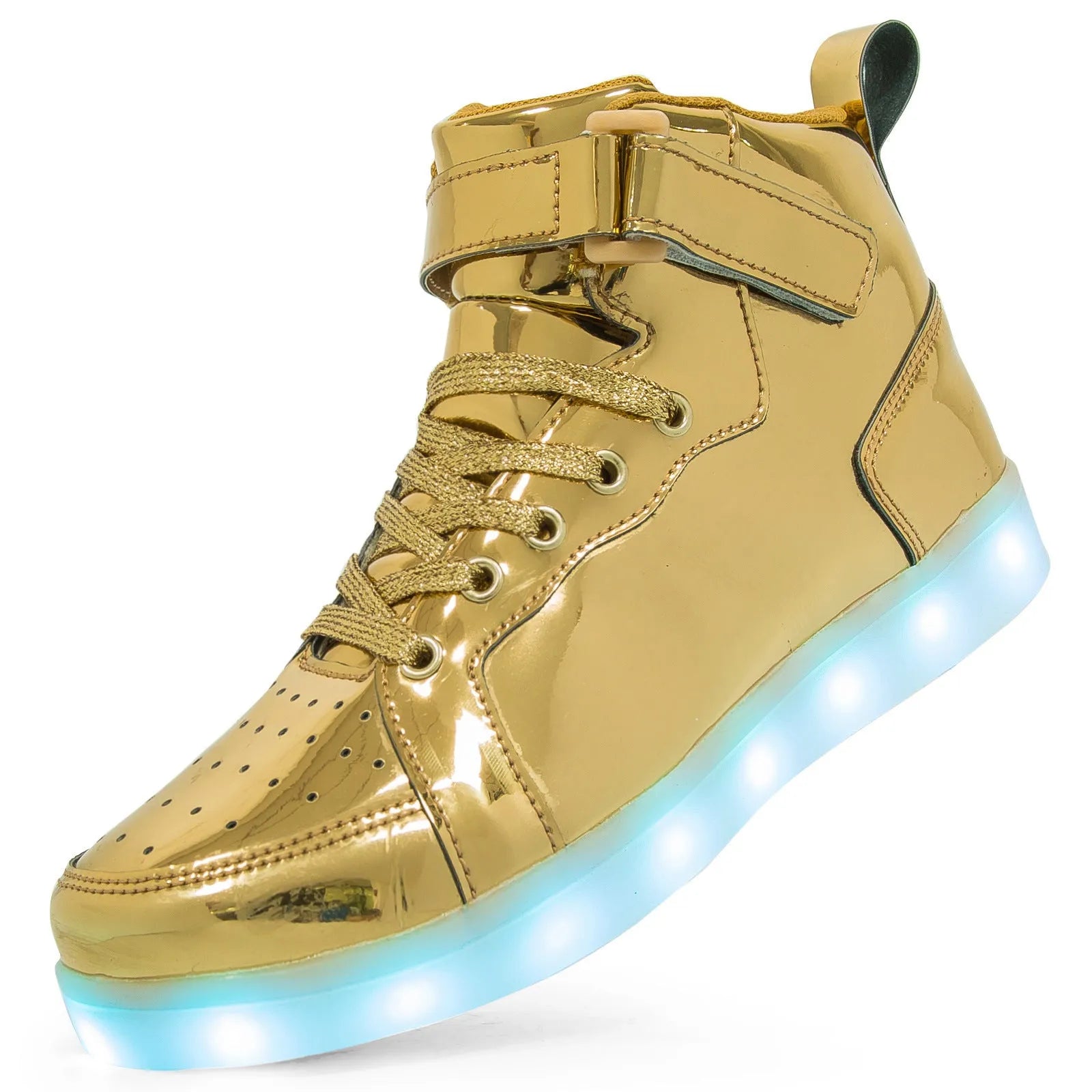 Unisex black LED high-top light shoes with Velcro strap and glowing sole.