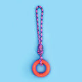 Blue braided rope dog toy with multiple knots measuring 43 cm in length