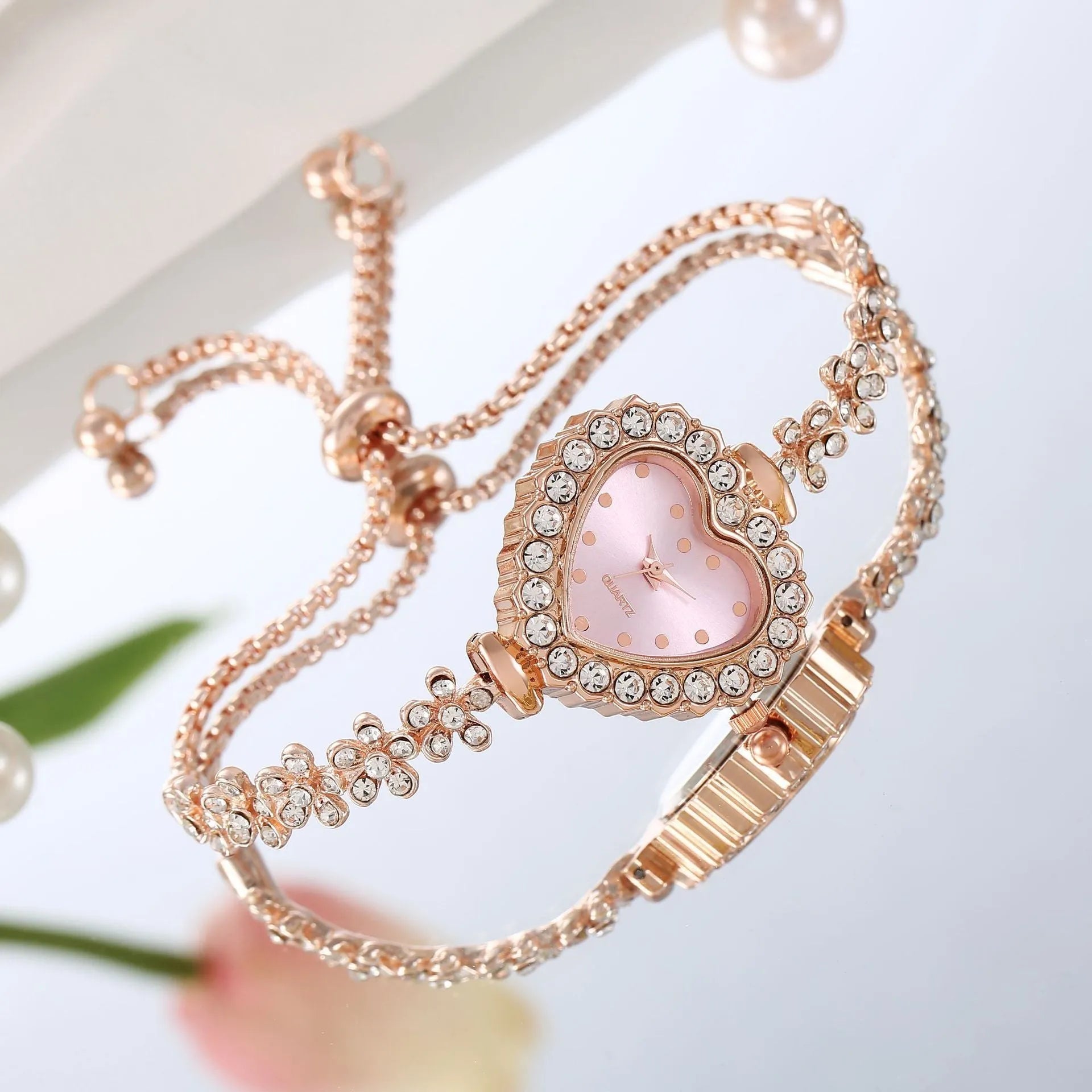 Flower chain diamond-embedded women's fashion watch with 8mm slim case, alloy band, mineral glass face