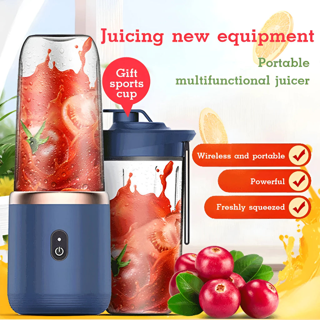 Tunisian dark blue portable USB juicer blender with six blades and 400ml cup.