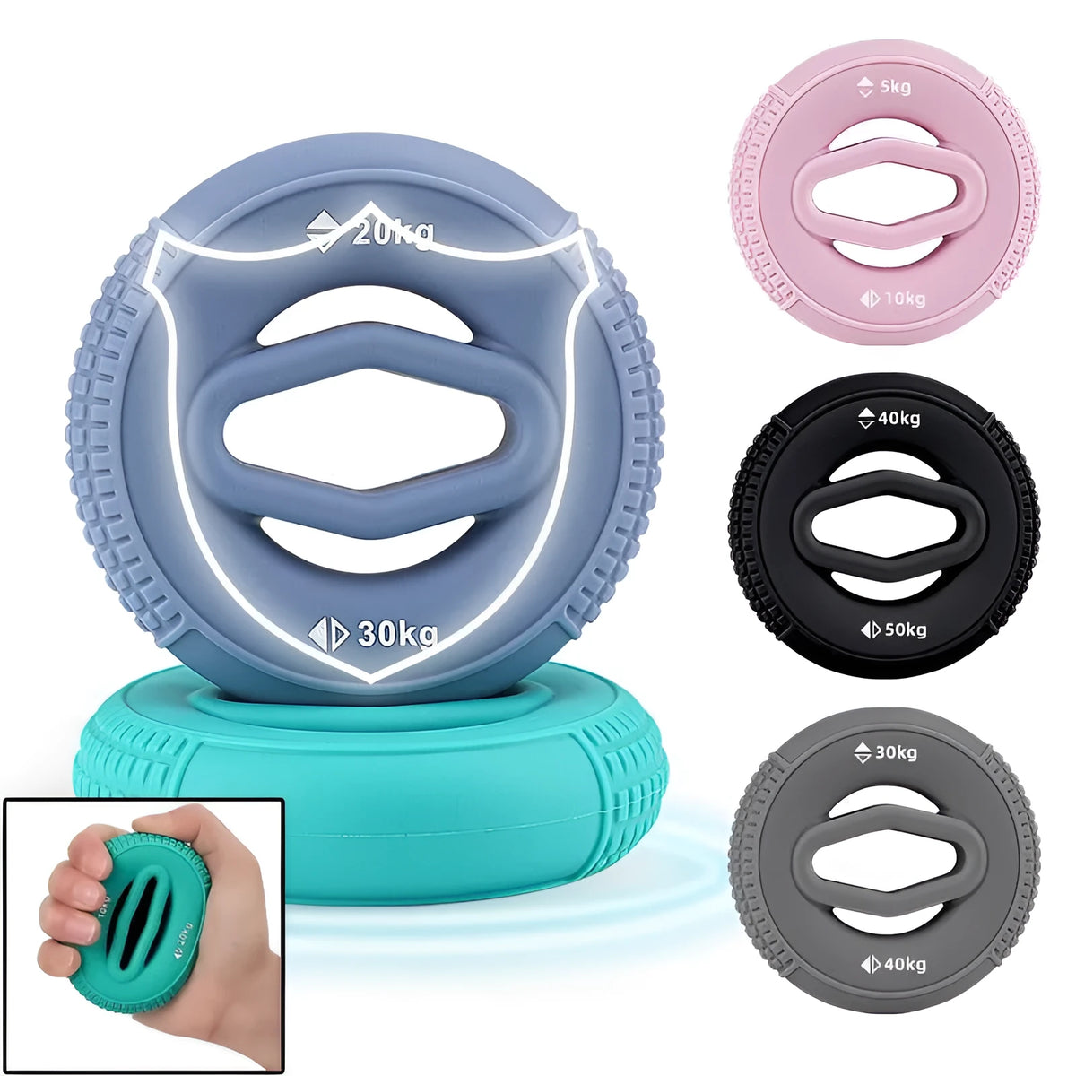 Silicone hand grip strengthener finger exerciser with colour-coded resistance levels from 5-10KG to 40-50kg