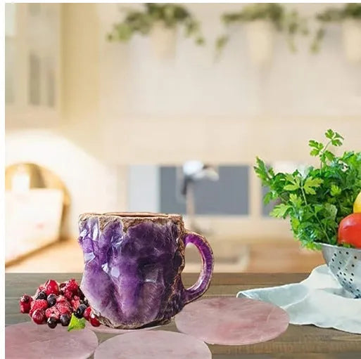 400ml resin mineral crystal coffee mug with handle, 10cm high, purple colour, on a table
