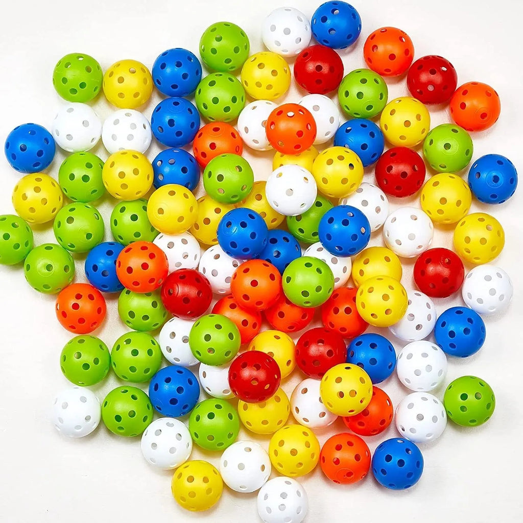 Multi-colour golf practice balls in red, orange, blue, green, white, and yellow, shown in a net pocket.