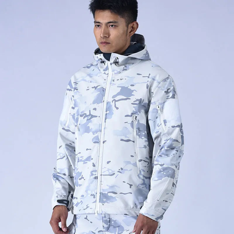 Snow camouflage waterproof fleece windbreaker with wool lining, autumn winter outdoor jacket