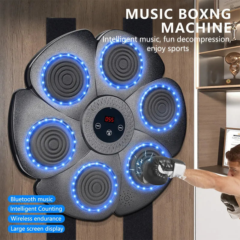 Black smart boxing target with lights and Bluetooth, includes half finger gloves