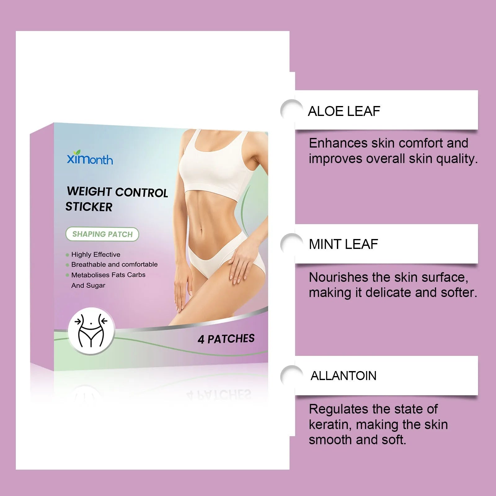 Pack of four body nursing adhesive bandages with aloe and mint extracts on skin.