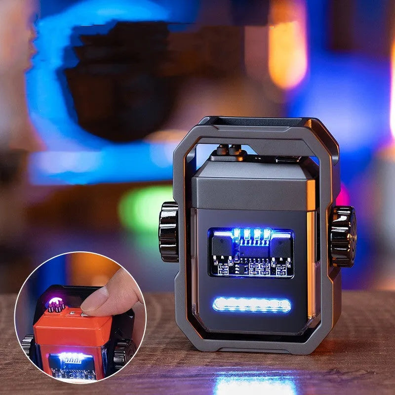 Pulse Lighter showing windproof double arc, USB-C port, and mechanical gyroscope in folded and open positions.