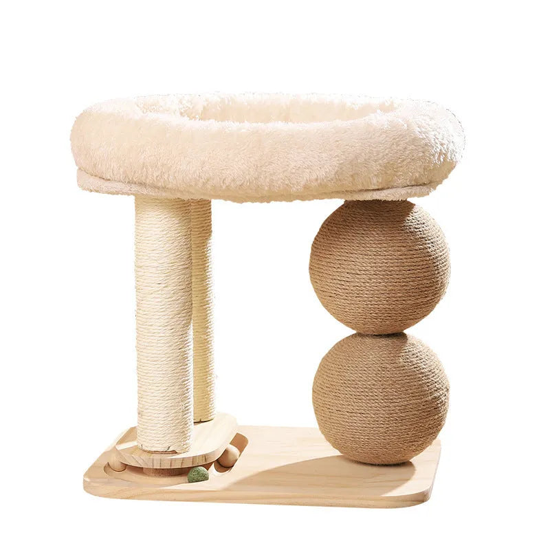 Pine wood cat nest with integrated grasping balls for scratching, shown in a simple style.