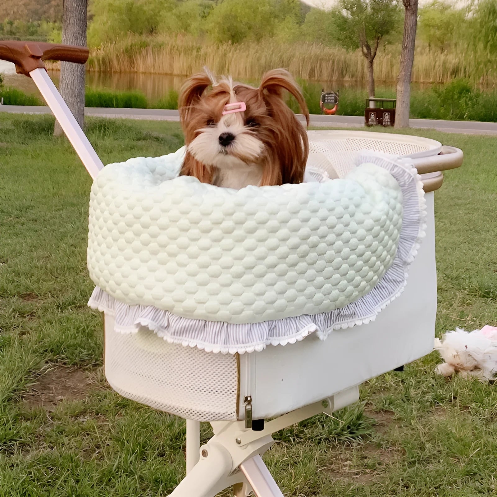Cotton pet stroller set with anti-dirty towel, cushion, and pillow in a striped pattern.