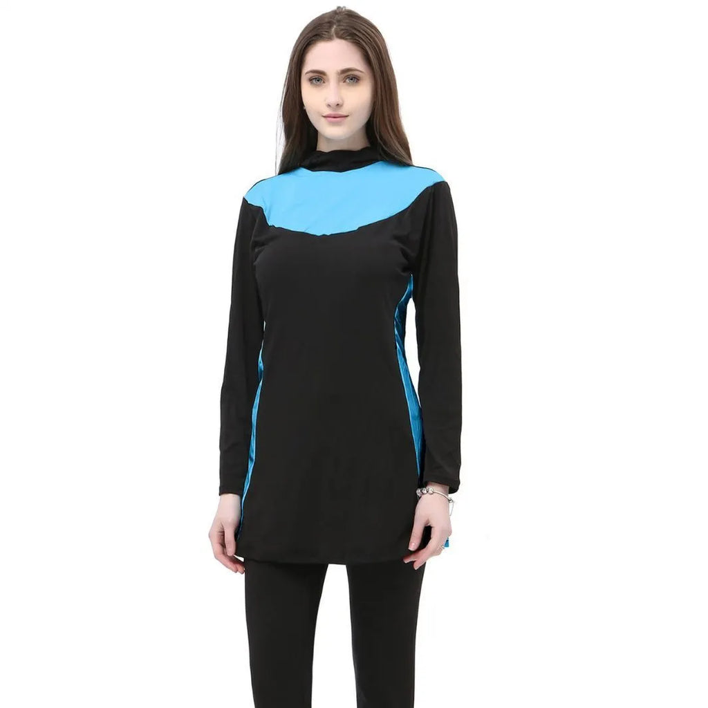 Conservative long sleeve hooded swimsuit for women in black with coloured trim