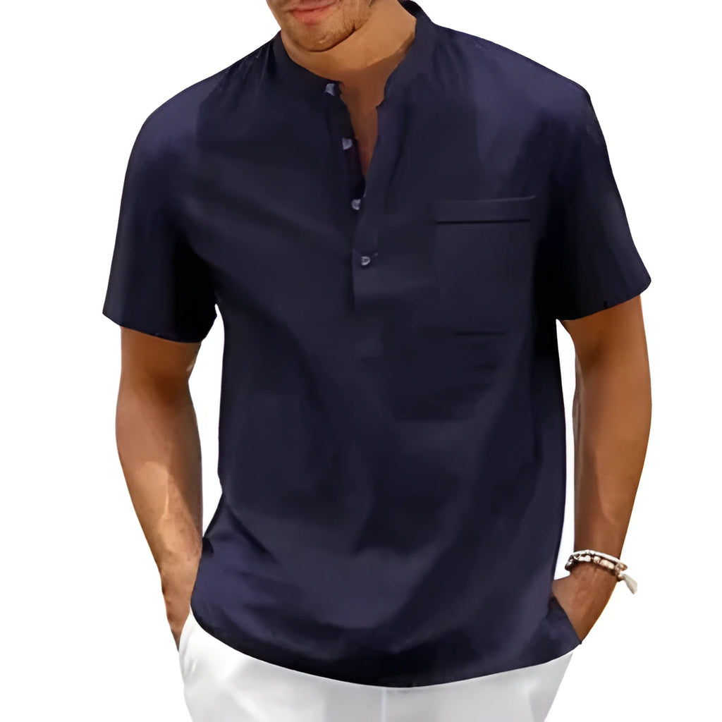 Men's solid colour short sleeve polo shirt with a stand collar, shown in a loose fit.
