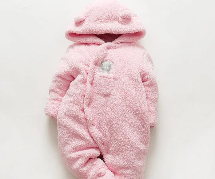 Brown cotton baby winter jumpsuit with covered feet and a front zipper.