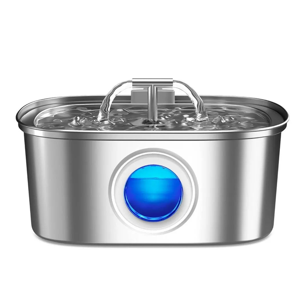 Stainless steel round pet water dispenser with large reservoir and selectable faucet attachment