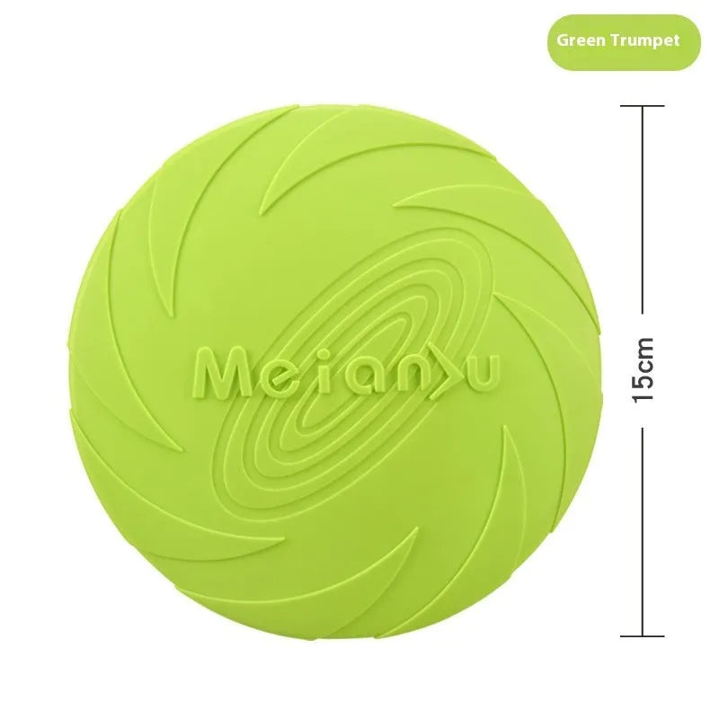 Soft rubber dog frisbee flying disc toy in red, blue, and green colour options showing small, medium, and large sizes