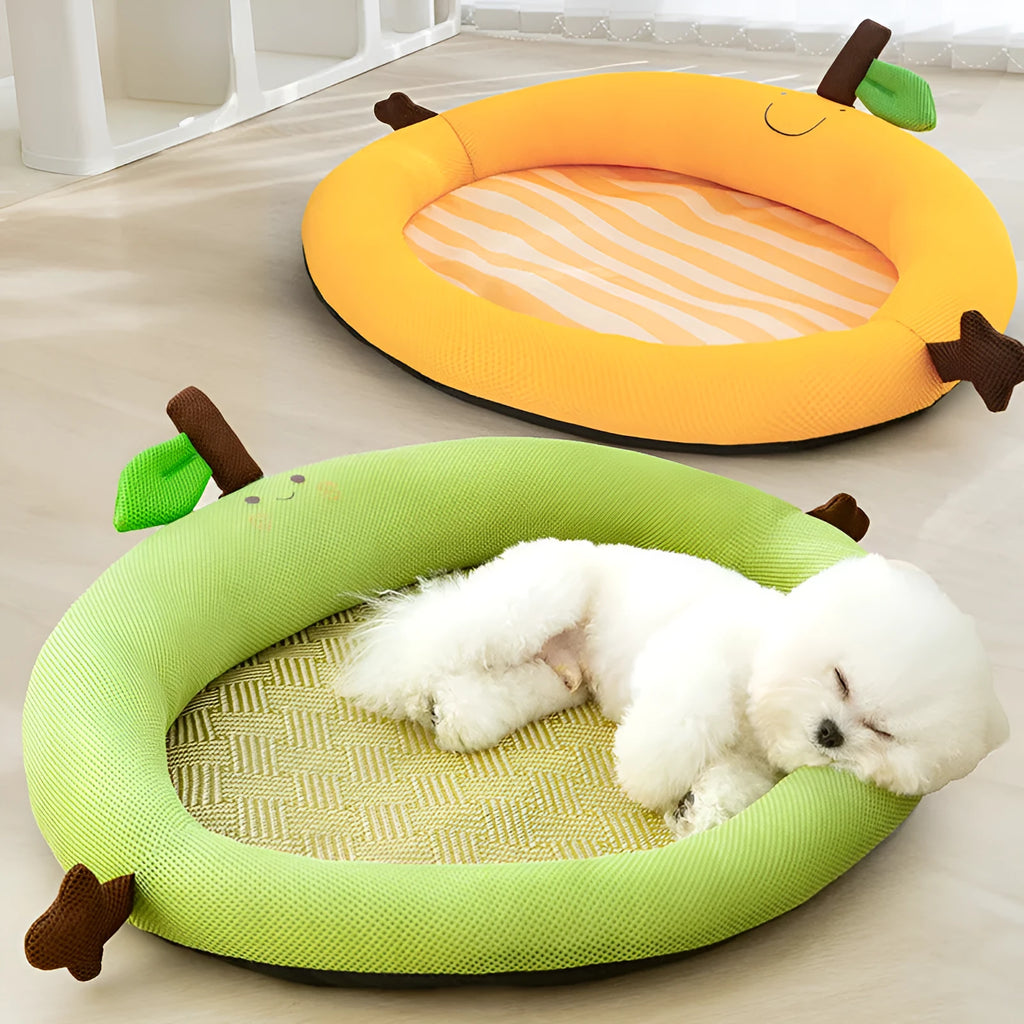 Green pet cooling mat with raised backrest nest for a dog or cat.