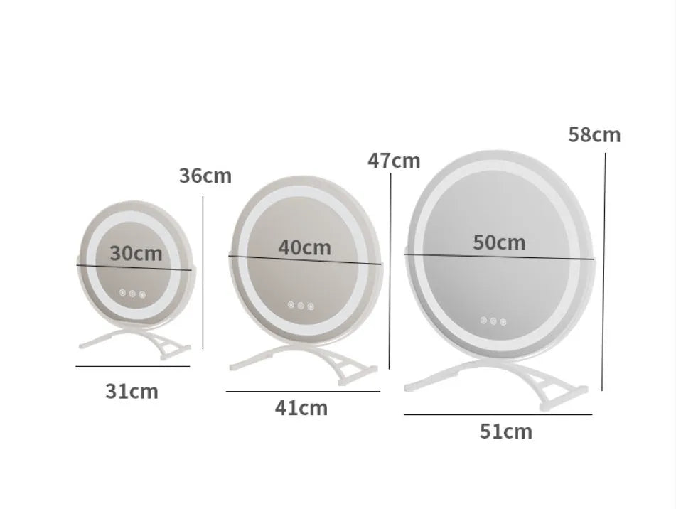 Rotating dressing table mirror with metal frame and LED charging light in black, 40cm diameter