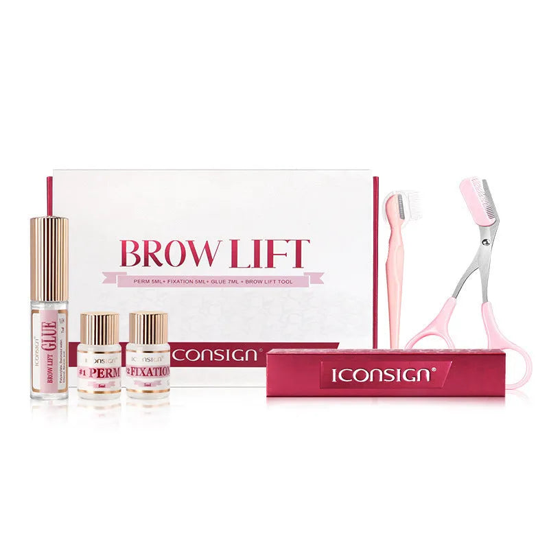 Pink eyebrow perm kit with scalding solution and tools for keratin treatments in suit-style packaging