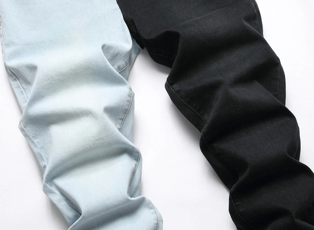 Men's two-colour fashion stitching stretch jeans in light blue and black, 95% cotton denim slim fit